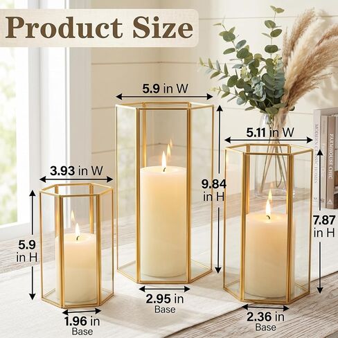 Glass Hurricane Candle Holder, Set of 3 Large Clear Hexagon Lanterns Pillar Candle Lantern with Black Metal Frame Wedding Centerpiece Table Decor Home Decorations in Kuwait