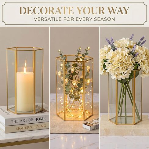 Glass Hurricane Candle Holder, Set of 3 Large Clear Hexagon Lanterns Pillar Candle Lantern with Black Metal Frame Wedding Centerpiece Table Decor Home Decorations in Kuwait