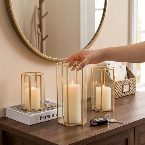 Glass Hurricane Candle Holder, Set of 3 Large Clear Hexagon Lanterns Pillar Candle Lantern with Black Metal Frame Wedding Centerpiece Table Decor Home Decorations in Kuwait