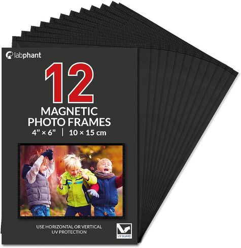 12 Pack 4x6 Inch Magnetic Picture Frames; Photo Pocket Frames with White Borders for Fridge 4 x 6 Inch Great for Displaying Pics on The Refrigerator (Black) (4" x 6" black) in Kuwait