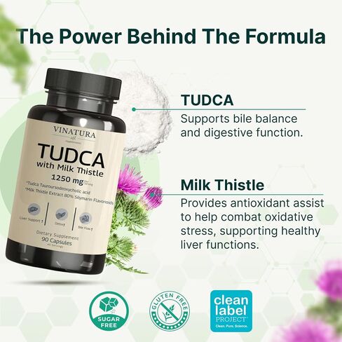VINATURA TUDCA Milk Thistle 1250mg - Liver Support, Liver Health, Gallbladder Supplements *USA Made and Tested*, Tudca Supplement, Bile Salts Supplement, Liver Health Supplement - 90 Capsules in Kuwait