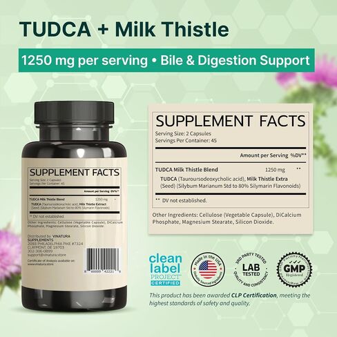 VINATURA TUDCA Milk Thistle 1250mg - Liver Support, Liver Health, Gallbladder Supplements *USA Made and Tested*, Tudca Supplement, Bile Salts Supplement, Liver Health Supplement - 90 Capsules in Kuwait