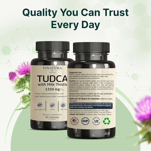 VINATURA TUDCA Milk Thistle 1250mg - Liver Support, Liver Health, Gallbladder Supplements *USA Made and Tested*, Tudca Supplement, Bile Salts Supplement, Liver Health Supplement - 90 Capsules in Kuwait