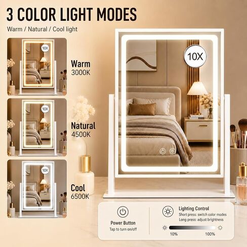 BRIGHTINWD Vanity Mirror with Lights, Hollywood Lighted Makeup Mirror,3 Color Lighting Modes with Detachable 10X Magnification Mirror, Smart Touch Control,360°Rotation, Black in Kuwait