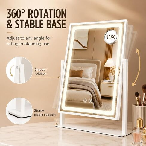 BRIGHTINWD Vanity Mirror with Lights, Hollywood Lighted Makeup Mirror,3 Color Lighting Modes with Detachable 10X Magnification Mirror, Smart Touch Control,360°Rotation, Black in Kuwait
