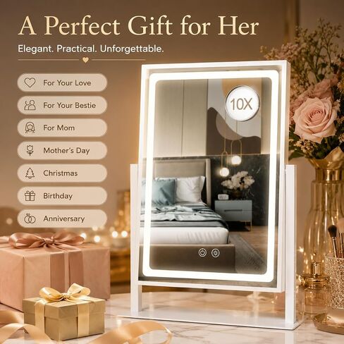 BRIGHTINWD Vanity Mirror with Lights, Hollywood Lighted Makeup Mirror,3 Color Lighting Modes with Detachable 10X Magnification Mirror, Smart Touch Control,360°Rotation, Black in Kuwait