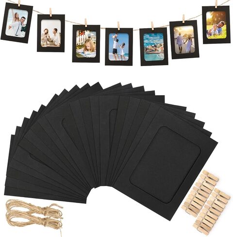 jijAcraft 20Pcs Black Paper Picture Frames,4x6 inch Cardboard Photo Frames with Wooden Clips and String, DIY Picture Frames for Kids Artwork, Bedroom, Classroom Wall Decor Hanging Photo Display in Kuwait