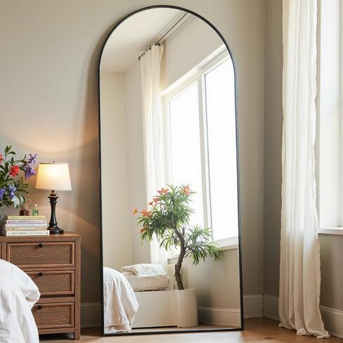 Arched Full Length Mirror, 76"x34", Large Floor Mirror with Stand, Full Body Mirror Standing for Leaning Hanging Bedroom, Living Room,Dressing Room, Aluminum Alloy Frame, Black in Kuwait