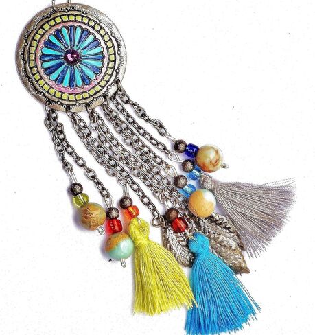 Long Silver Plated Boho Multi Tassel Necklace with Colorful Hand Painted Flower Pendant and Indian Agate Beads Artisan Bohemian Jewelry for Women in Kuwait