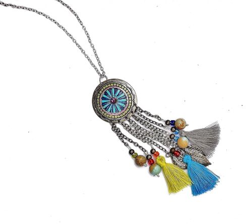 Long Silver Plated Boho Multi Tassel Necklace with Colorful Hand Painted Flower Pendant and Indian Agate Beads Artisan Bohemian Jewelry for Women in Kuwait