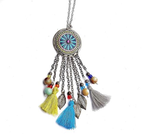 Long Silver Plated Boho Multi Tassel Necklace with Colorful Hand Painted Flower Pendant and Indian Agate Beads Artisan Bohemian Jewelry for Women in Kuwait