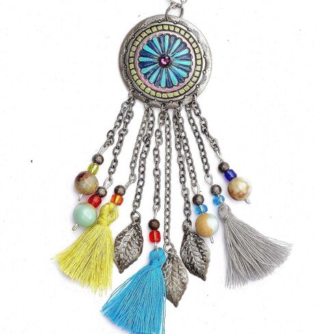 Long Silver Plated Boho Multi Tassel Necklace with Colorful Hand Painted Flower Pendant and Indian Agate Beads Artisan Bohemian Jewelry for Women in Kuwait