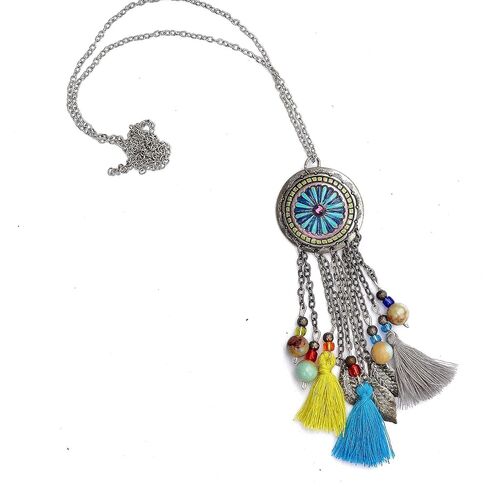 Long Silver Plated Boho Multi Tassel Necklace with Colorful Hand Painted Flower Pendant and Indian Agate Beads Artisan Bohemian Jewelry for Women in Kuwait