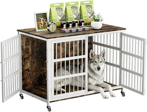 46" Dog Crate Furniture with Wheels, XXL Heavy Duty Dog Kennel Indoor for XL Dogs, Metal Chew-Proof Dog Cage, 45.7" L x 27.6" W x 31.5" H, Decorate House as TV Stand, End Table — Natural and White in Kuwait