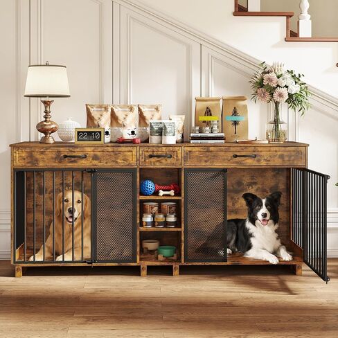 Rovibek 86 Double Dog Crate Furniture with Removable Divider for 2 Dogs in Kuwait