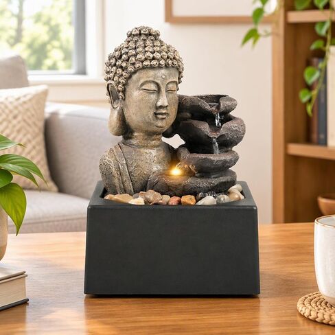 Ferrisland Tabletop Waterfall Fountain Indoor - Buddha Water Fountains 4-Tier Tabletop Waterfall of Zen Meditation Buddha Fountain with LED Warm Light for Office Home and Bedroom Desktop Decor in Saudi Arabia