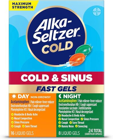 Alka-Seltzer Plus Maximum Strength PowerMax Sinus Congestion & Pain Medicine, Day + Night Liquid Gels - Powerful Relief for Cold and Flu, Sinus Congestion for Adults and Children 12+ Years, 24 Count in Saudi Arabia