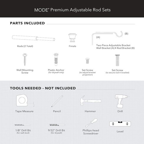 MODE Premium Collection 1 1/8" Diameter Curtain Rod Set with Clear Square Curtain Rod Finials and Steel Wall Mounted Adjustable Curtain Rod, Fits 36" to 72" Windows, Brushed Nickel in Kuwait