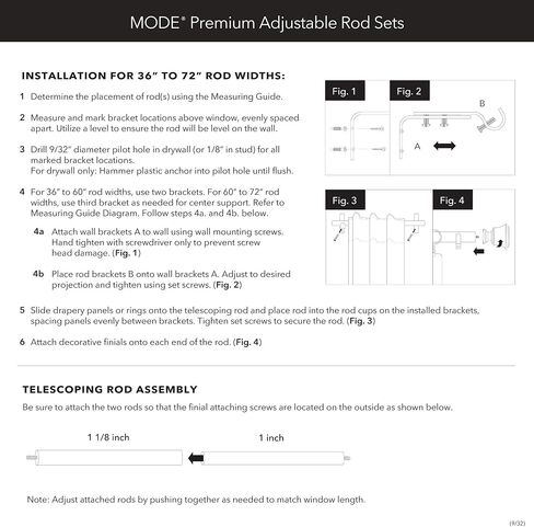 MODE Premium Collection 1 1/8" Diameter Curtain Rod Set with Clear Square Curtain Rod Finials and Steel Wall Mounted Adjustable Curtain Rod, Fits 36" to 72" Windows, Brushed Nickel in Kuwait