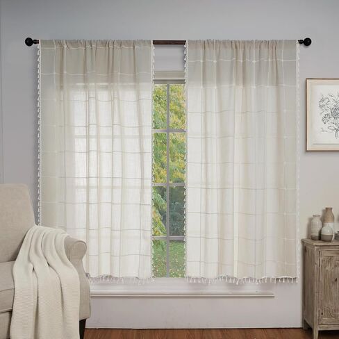 ColorBird Curtains for Bedroom Living Room, White Curtains 84 inches Long, 2 Panels Embroidered Striped Boho Window Treatments for Dining Sliding Door in Kuwait