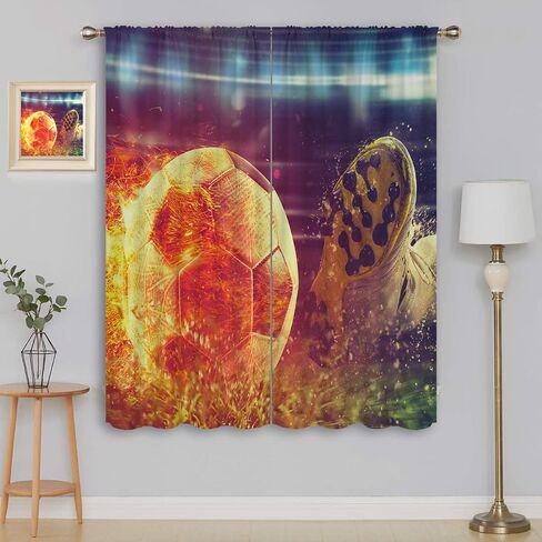 Football Blackout Curtains for Boy Girl Room Darkening Decor,Soccer Striker Ready to Kicks the Fiery Ball at the Stadium Bedroom Living Room Home Rod Pocket Thermal Insulated Window Drapes,42x63 Inch in Kuwait