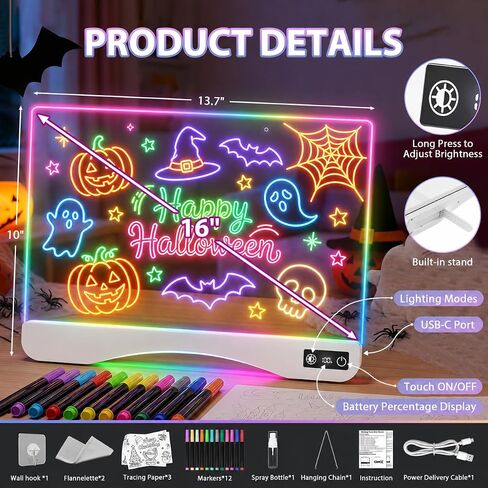 16" Rechargeable LED Drawing Board for Kids, 15 Light Effect Drawing Tablet in Kuwait
