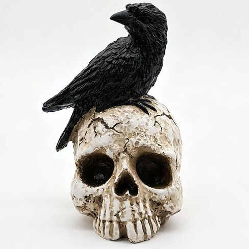 ThriBartLive Raven On Skull Halloween Home Decor - Gothic Crow On Skull Statue, Bird Perching On Skeleton Figurine, Macabre Ossuary Sculpture in Kuwait