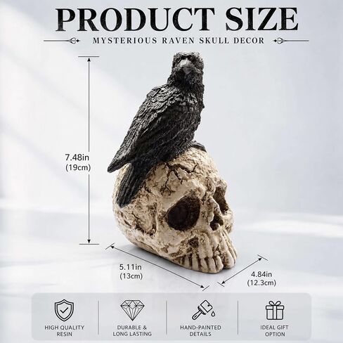 ThriBartLive Raven On Skull Halloween Home Decor - Gothic Crow On Skull Statue, Bird Perching On Skeleton Figurine, Macabre Ossuary Sculpture in Kuwait