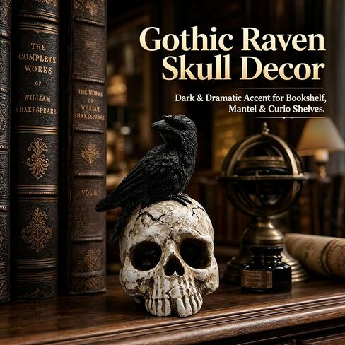 ThriBartLive Raven On Skull Halloween Home Decor - Gothic Crow On Skull Statue, Bird Perching On Skeleton Figurine, Macabre Ossuary Sculpture in Kuwait