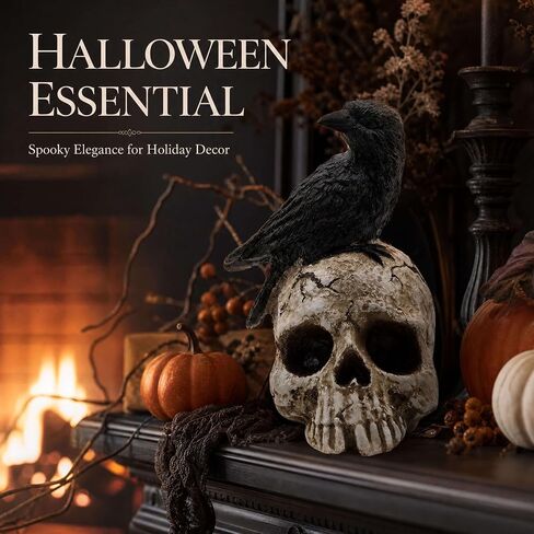 ThriBartLive Raven On Skull Halloween Home Decor - Gothic Crow On Skull Statue, Bird Perching On Skeleton Figurine, Macabre Ossuary Sculpture in Kuwait