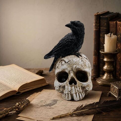 ThriBartLive Raven On Skull Halloween Home Decor - Gothic Crow On Skull Statue, Bird Perching On Skeleton Figurine, Macabre Ossuary Sculpture in Kuwait