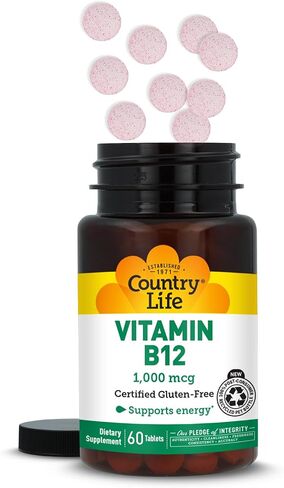 Country Life Vitamin B12, Supports Energy & Red Blood Cell Production, 1000mcg, 60 Tablets, Certified Gluten Free, Certified Vegan, Certified Halal in Saudi Arabia
