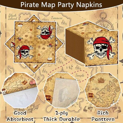 80 Pcs Pirate Napkins 13 x 13 inch Pirate Party Decorations Treasure Map Napkins for Kids Birthday Navigation Treasure Adventure Party Decor in Kuwait