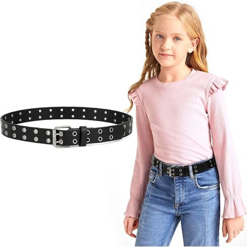JASGOOD Kids Double Grommet Belt for Girls and Boys, PU Leather Kids Double Studded Holes Belt for Jeans Pants in Saudi Arabia