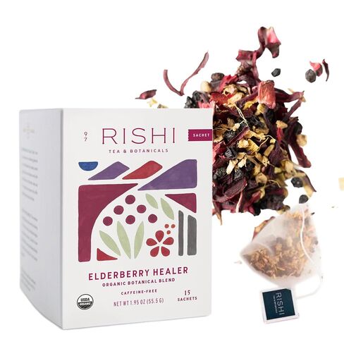 Rishi Tea Elderberry Healer Tea - Organic Elderberry Tea Bags, Caffeine Free Herbal Tea, USDA Organic, Certified Kosher, Organic Elderberry, Ginger Root, Hibiscus Flowers, & Licorice Root - 15 Sachets in Saudi Arabia