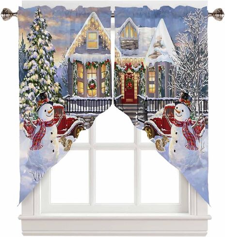 Christmas Snowman Valances Windows Curtain Red Truck with Xmas Tree Kitchen Valances Rod Pocket Snowy Winter Short Topper Curtains for Winter Holiday Christmas Decorations 1 Panel,54 by 18 inches in Kuwait