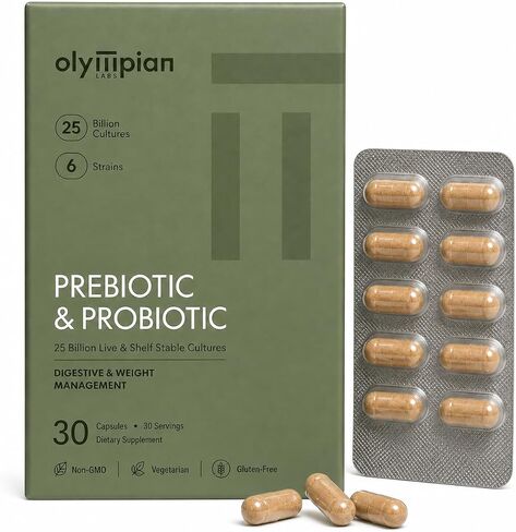 Olympian Labs Complete Prebiotic and Probiotic Supplement - 25 Billion Live Shelf Stable Cultures - 30 Vegetarian Capsules in Saudi Arabia