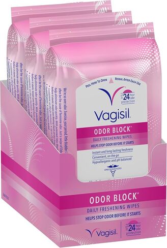 Vagisil Odor Block Daily Freshening Wipes for Feminine Hygiene in Resealable Pouch, Gynecologist Tested & Hypoallergenic, 20 Wipes (Pack of 3) in Kuwait
