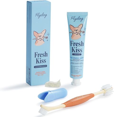 Flydog Fresh Kiss Nano-HAp Dog Tooth Brushing Kit, Vet Approved Remineralizing Formula for Dogs & Cats - Rebuild Enamel, Remove Tartar & Plaque, 360° Toothbrush & Silicone Finger Brush (Chicken) in Saudi Arabia