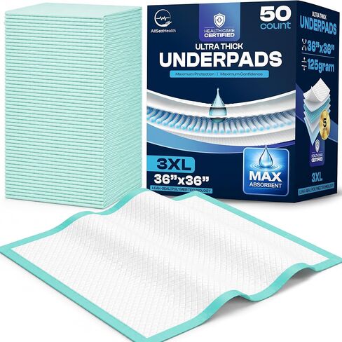 وسادات سرير مقاس XL لسلس البول مقاس 91.44 سم × 91.44 سم (50 عبوة) وسادات سرير للاستعمال مرة واحدة للبالغين | وسادات سفلية فائقة الامتصاص للاستعمال مرة واحدة بوزن 125 جرام، وسادات تشوكس | وسادات التبول للبالغين، وسادات تشاك المسنين، والحيوانات الأليفة in Kuwait