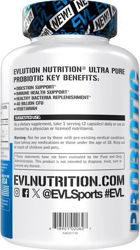 Evlution Nutrition Probiotic - 60 كبسولة نباتية بروبيوتيك - 40 مليار وحدة تشكيل مستعمرات لكل وجبة - مكمل بروبيوتيك سهل البلع in Kuwait