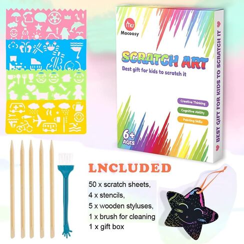 Mocoosy 60 PCS Rainbow Scratch Art Paper for Kids, Magic Scratch Paper Off Set Art and Craft Supplies, Black Scratch Pads Party Game Activities Birthday Gifts for Girls Boys 3 4 5 6 7 8 9 Years Old in Kuwait