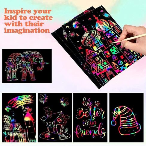 Mocoosy 60 PCS Rainbow Scratch Art Paper for Kids, Magic Scratch Paper Off Set Art and Craft Supplies, Black Scratch Pads Party Game Activities Birthday Gifts for Girls Boys 3 4 5 6 7 8 9 Years Old in Kuwait