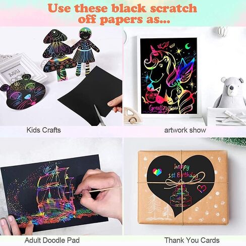 Mocoosy 60 PCS Rainbow Scratch Art Paper for Kids, Magic Scratch Paper Off Set Art and Craft Supplies, Black Scratch Pads Party Game Activities Birthday Gifts for Girls Boys 3 4 5 6 7 8 9 Years Old in Kuwait