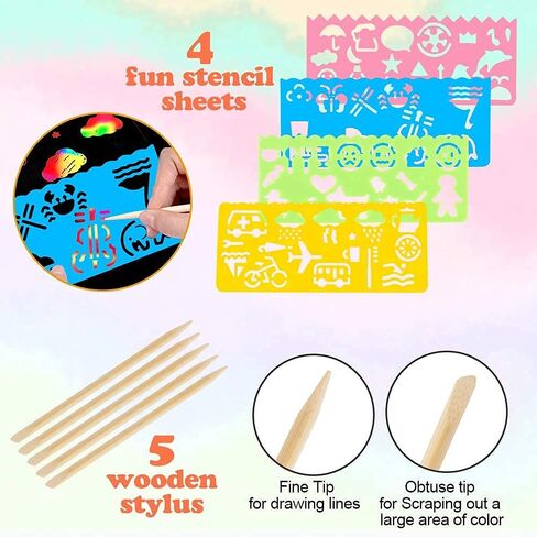 Mocoosy 60 PCS Rainbow Scratch Art Paper for Kids, Magic Scratch Paper Off Set Art and Craft Supplies, Black Scratch Pads Party Game Activities Birthday Gifts for Girls Boys 3 4 5 6 7 8 9 Years Old in Kuwait