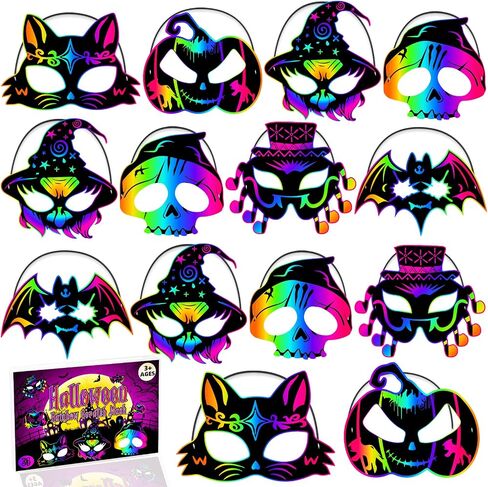 JMUQ Halloween Crafts Scratch Mask for Kids, 36Pcs Halloween Games Scratch Art Craft Kit Rainbow Paper for Party Favors Supplies Classroom Favors Activities in Saudi Arabia