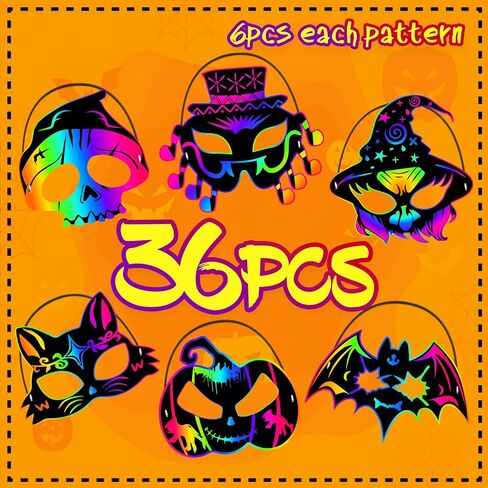 JMUQ Halloween Crafts Scratch Mask for Kids, 36Pcs Halloween Games Scratch Art Craft Kit Rainbow Paper for Party Favors Supplies Classroom Favors Activities in Saudi Arabia