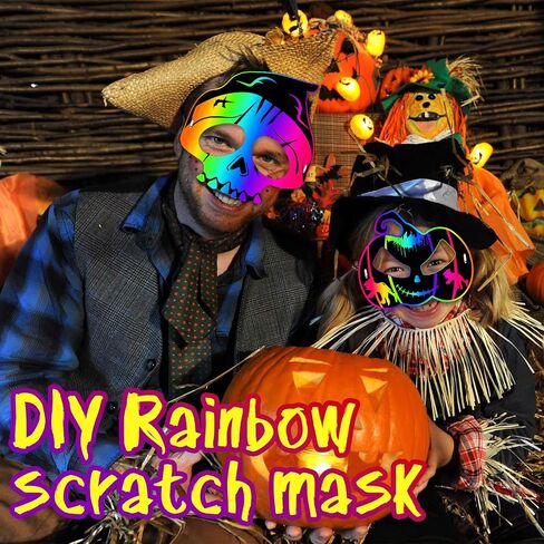 JMUQ Halloween Crafts Scratch Mask for Kids, 36Pcs Halloween Games Scratch Art Craft Kit Rainbow Paper for Party Favors Supplies Classroom Favors Activities in Saudi Arabia
