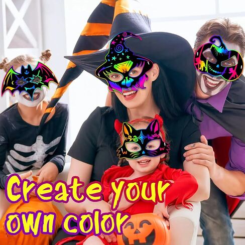 JMUQ Halloween Crafts Scratch Mask for Kids, 36Pcs Halloween Games Scratch Art Craft Kit Rainbow Paper for Party Favors Supplies Classroom Favors Activities in Saudi Arabia