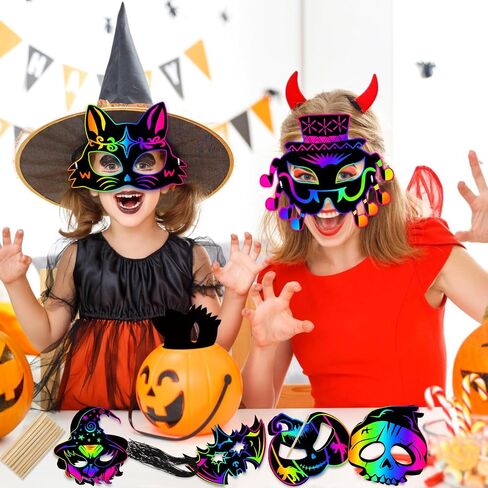 JMUQ Halloween Crafts Scratch Mask for Kids, 36Pcs Halloween Games Scratch Art Craft Kit Rainbow Paper for Party Favors Supplies Classroom Favors Activities in Saudi Arabia
